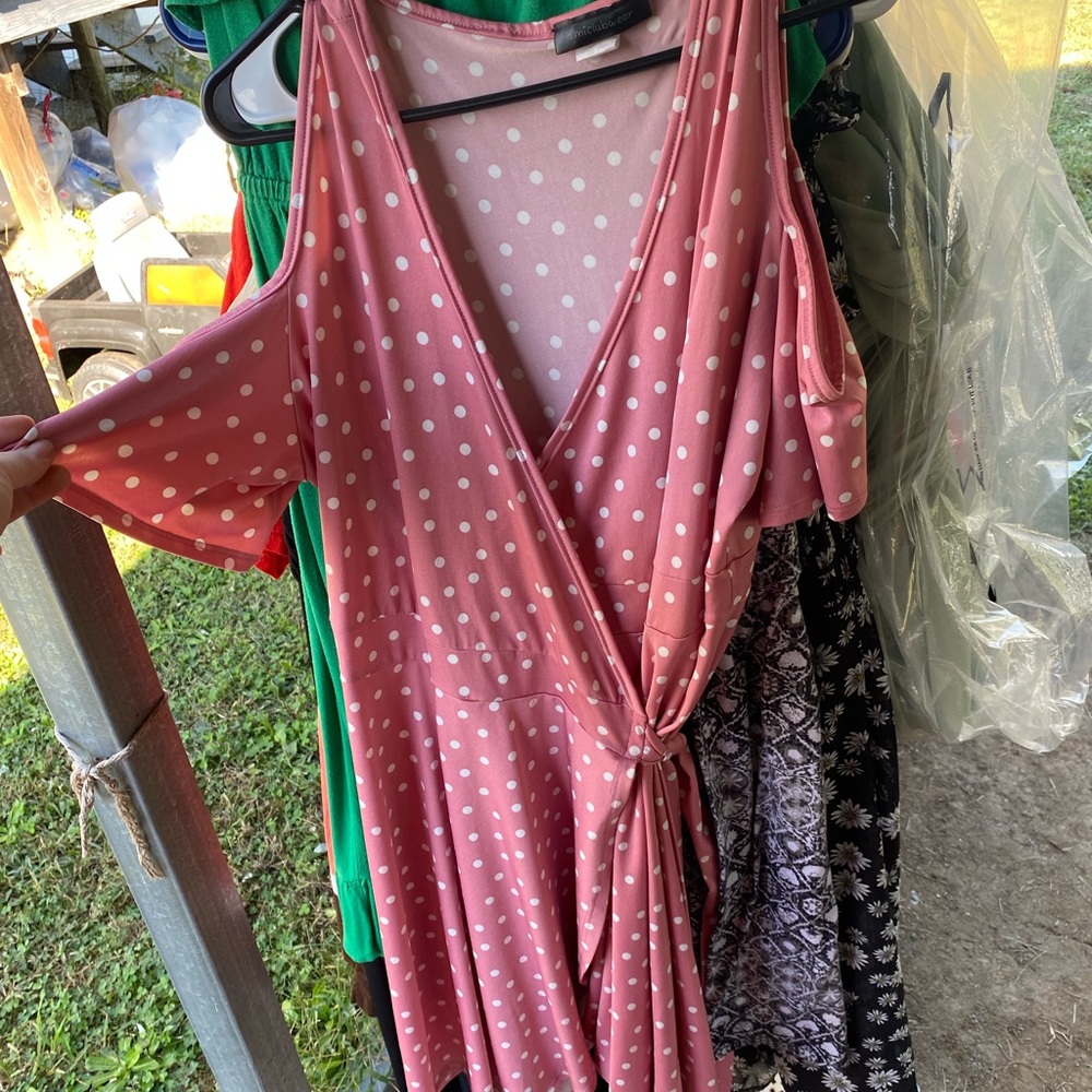 Pink polka dot wrap dress
